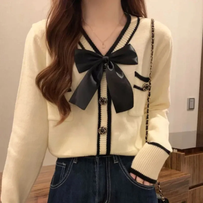 Aiertu Coquette Bow Cardigan Sweater Woman Elegant Knitted Tops Korean Fashion Sweet Cute Autumn Winter Long Sleeve Sweaters