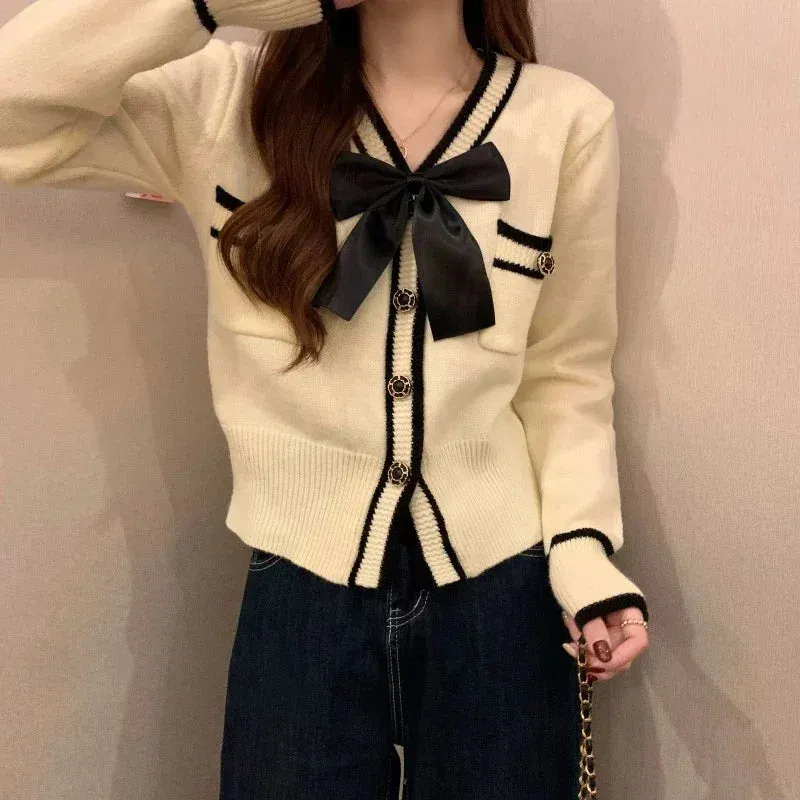 Aiertu Coquette Bow Cardigan Sweater Woman Elegant Knitted Tops Korean Fashion Sweet Cute Autumn Winter Long Sleeve Sweaters