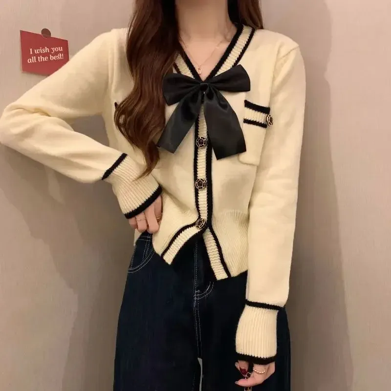 Aiertu Coquette Bow Cardigan Sweater Woman Elegant Knitted Tops Korean Fashion Sweet Cute Autumn Winter Long Sleeve Sweaters