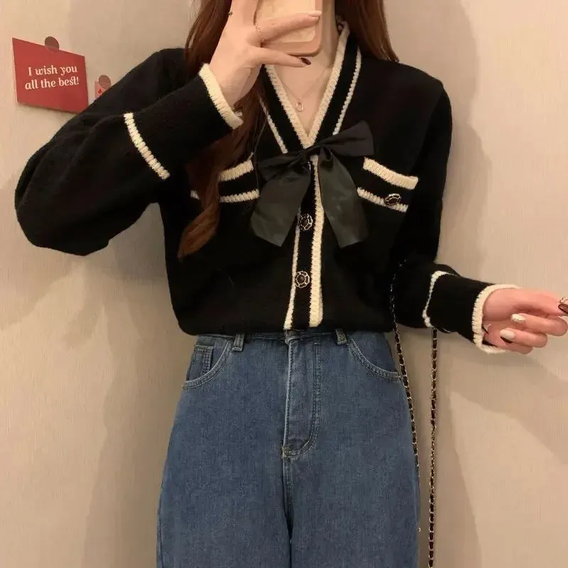 Aiertu Coquette Bow Cardigan Sweater Woman Elegant Knitted Tops Korean Fashion Sweet Cute Autumn Winter Long Sleeve Sweaters