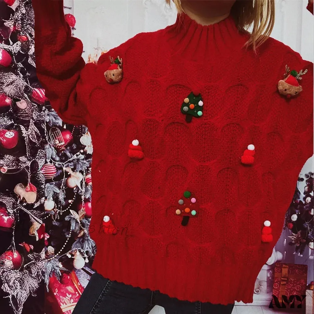 Autumn Winter Xmas Loose Round Neck Print Knitted Christmas Sweater