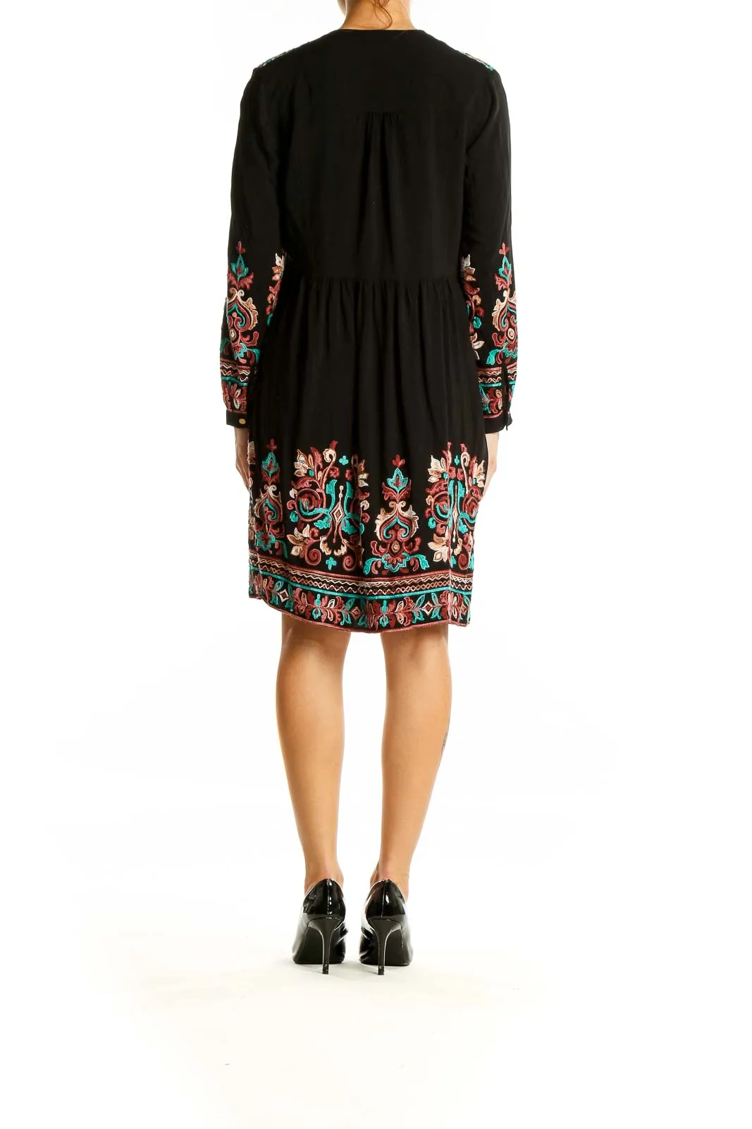 Black Embroidered Boho Midi Dress