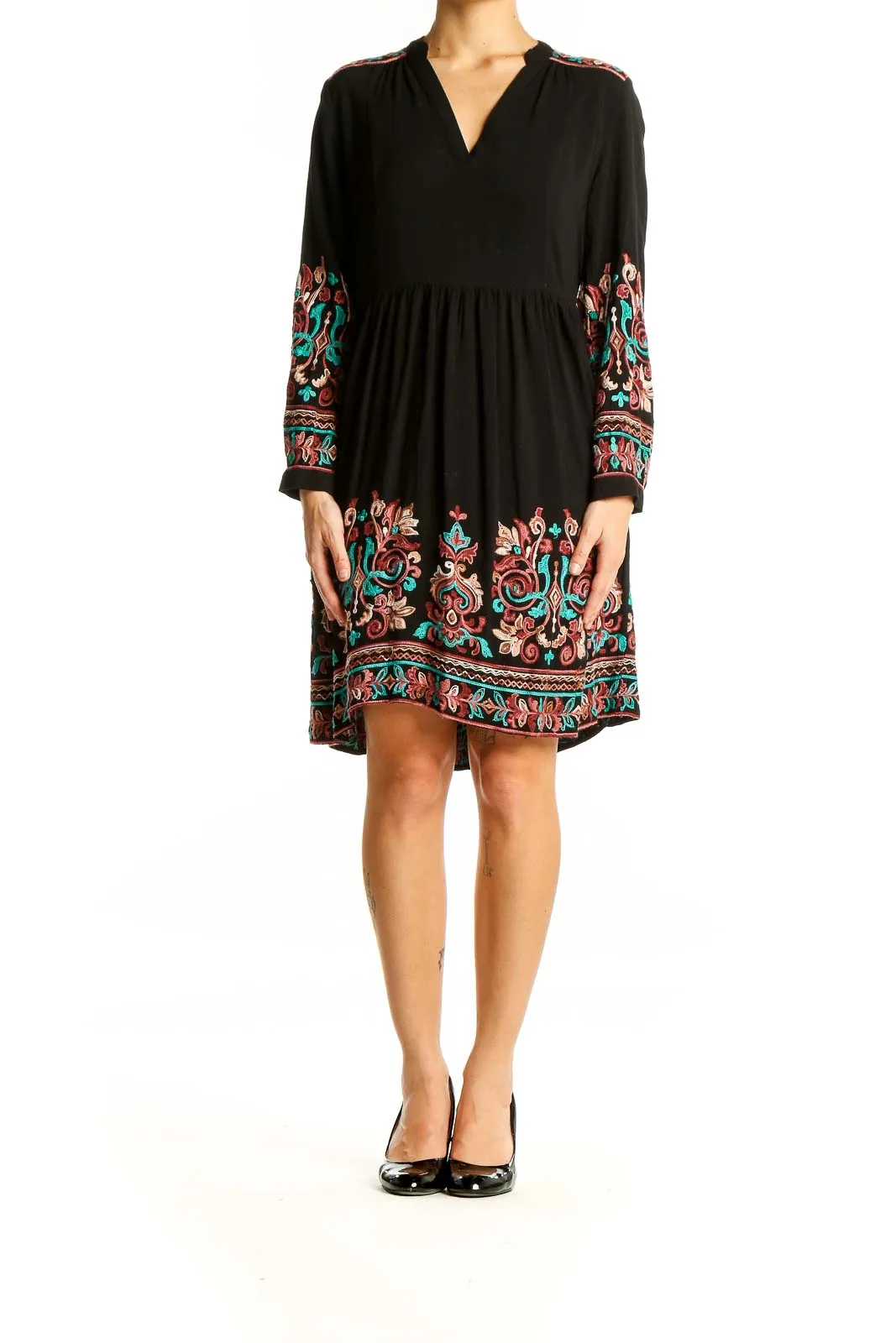 Black Embroidered Boho Midi Dress