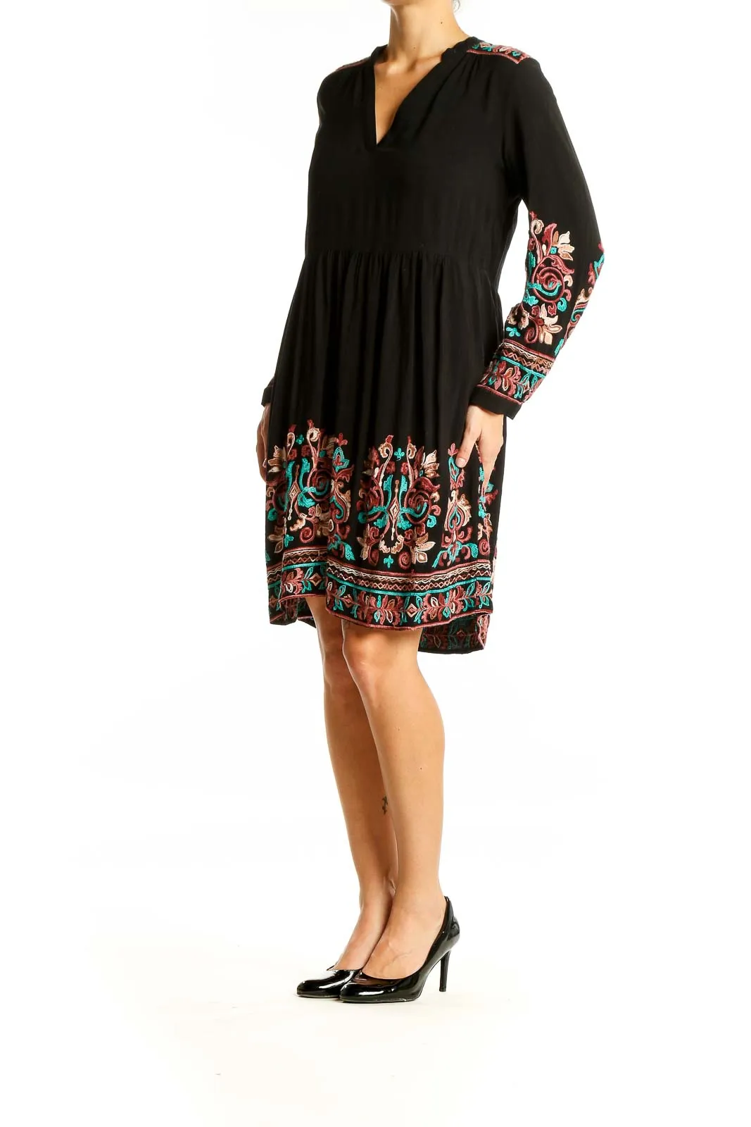 Black Embroidered Boho Midi Dress