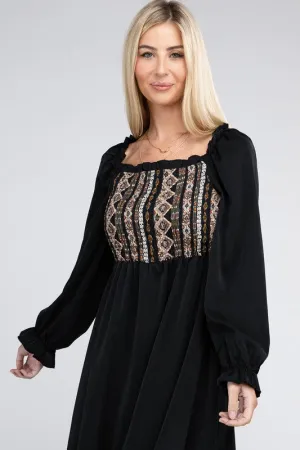 Boho Square Neck Smocked Ruffle Hem Dress