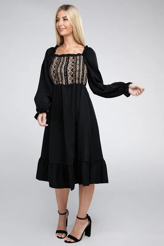 Boho Square Neck Smocked Ruffle Hem Dress