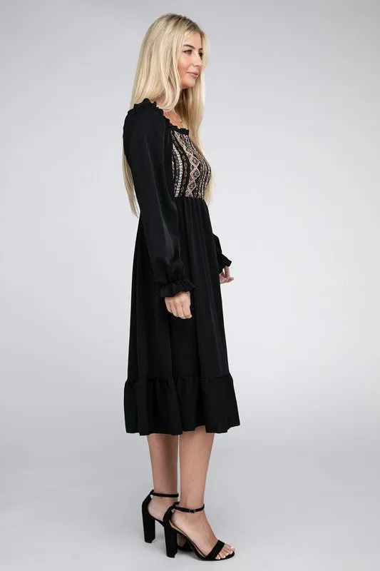 Boho Square Neck Smocked Ruffle Hem Dress