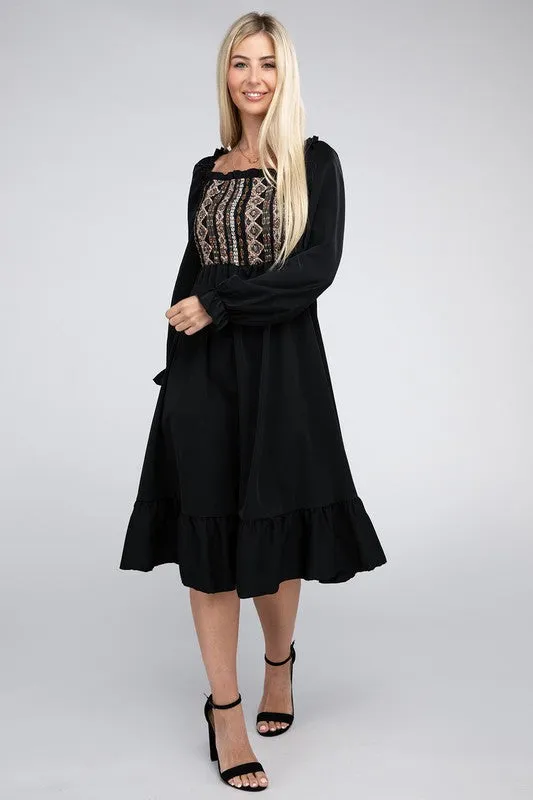 Boho Square Neck Smocked Ruffle Hem Dress