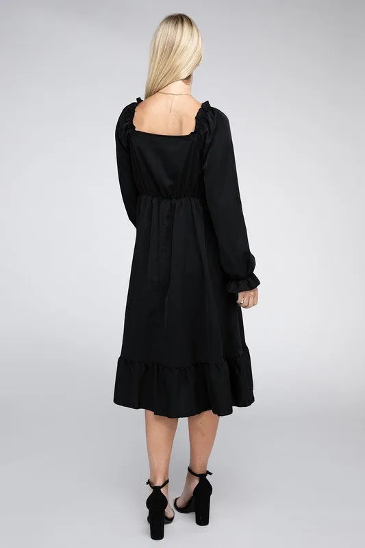 Boho Square Neck Smocked Ruffle Hem Dress