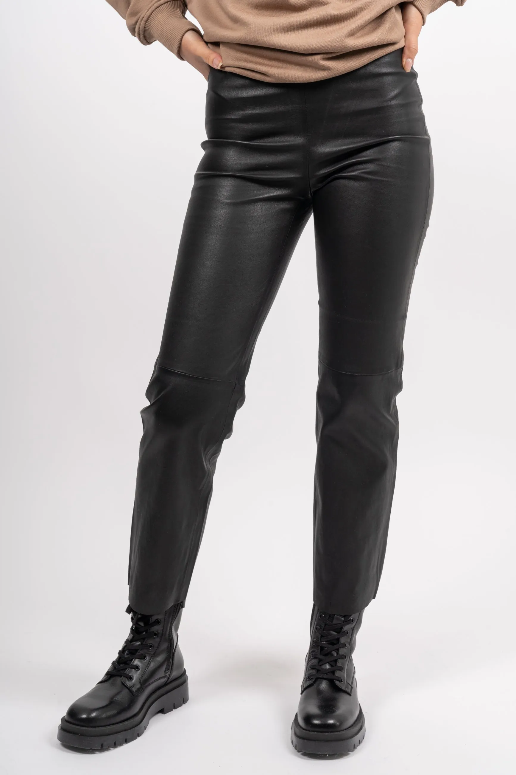 Celia Stretch Leather Pants -  Black