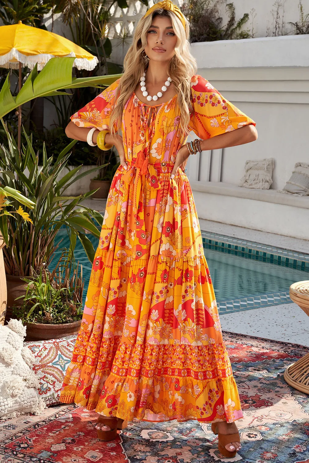 Citrus Ember Tie-Waist Maxi Dress