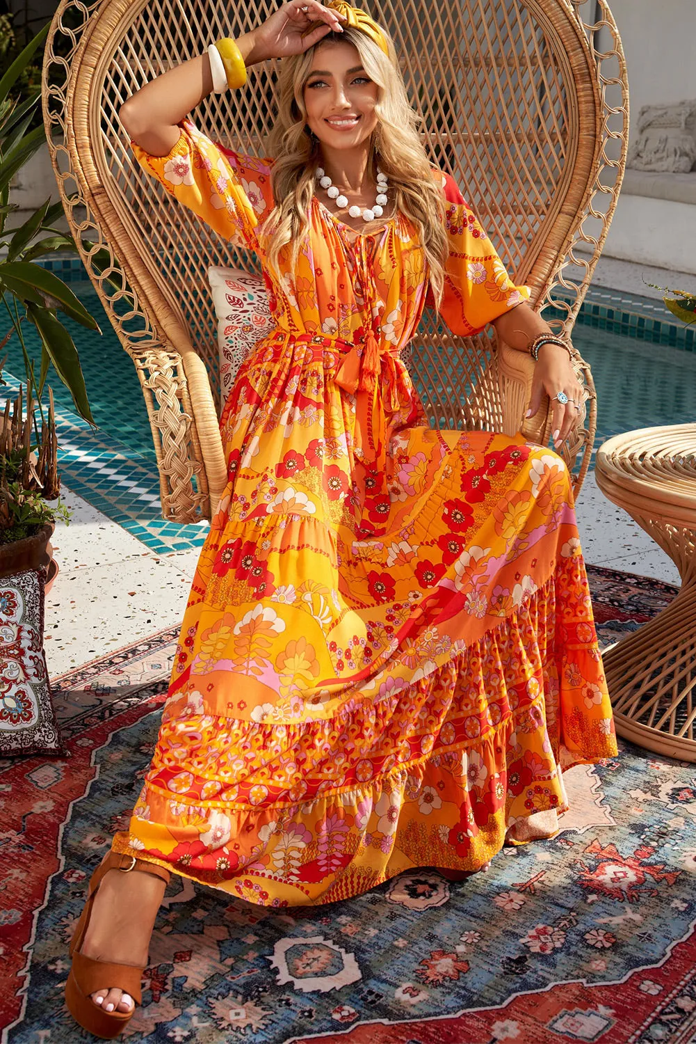 Citrus Ember Tie-Waist Maxi Dress