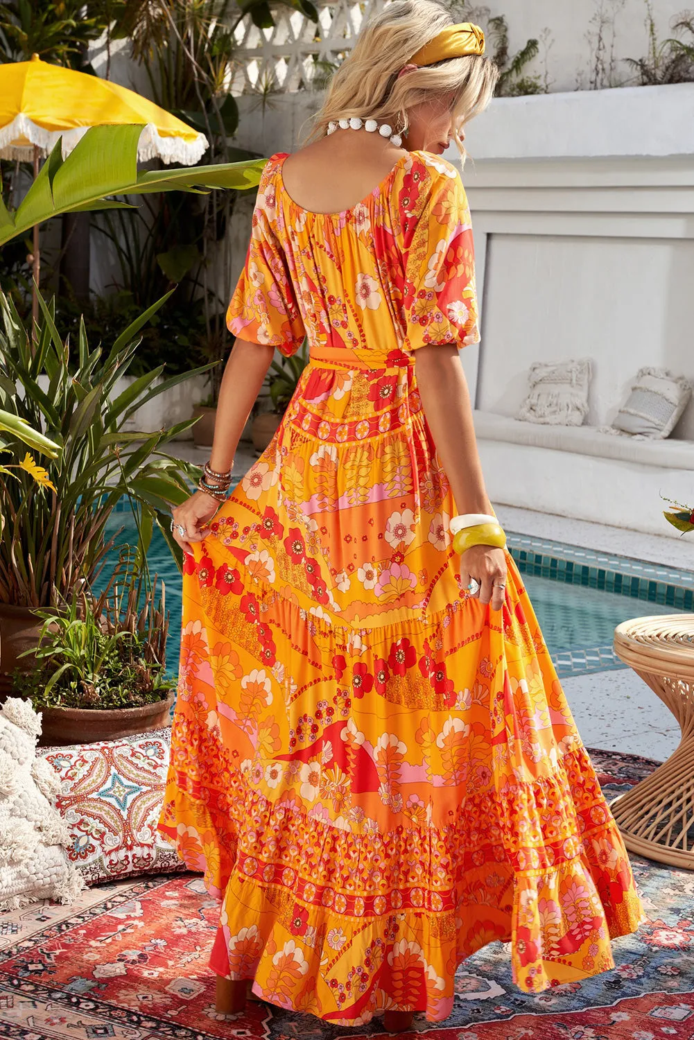 Citrus Ember Tie-Waist Maxi Dress