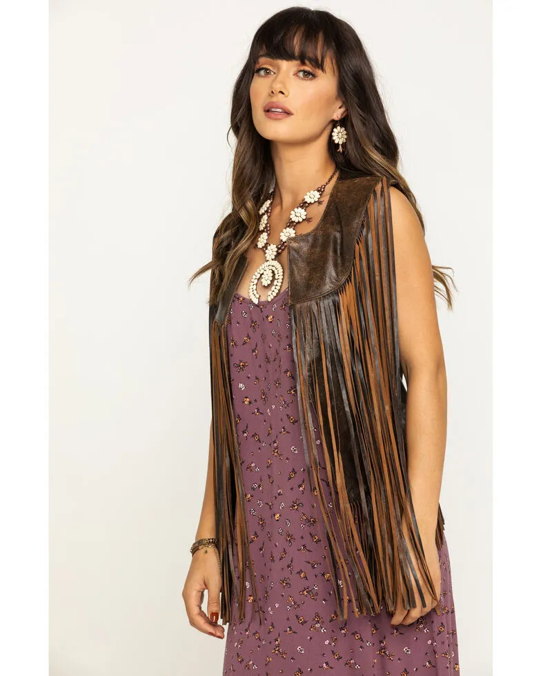 Cripple Creek Ladies Brown Leather with Fringe Vest Style LL21862