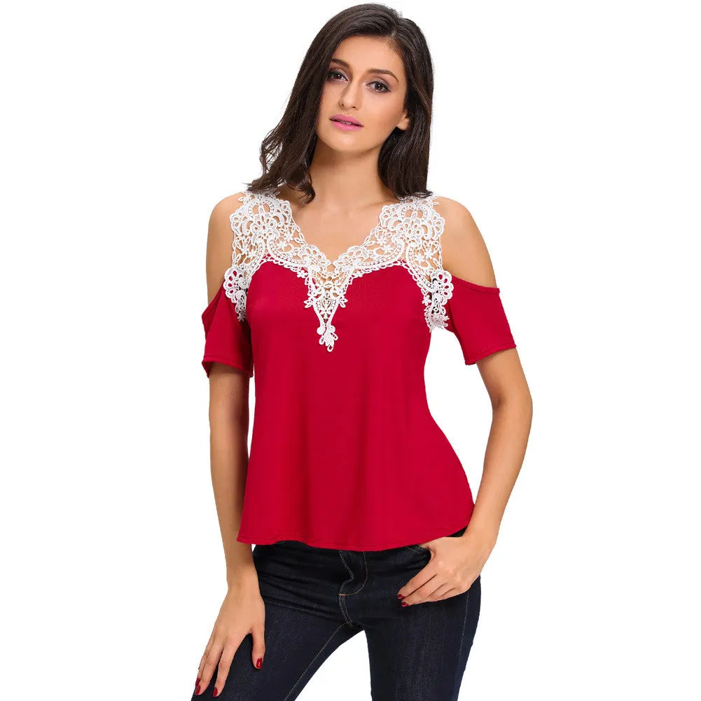 Dew Shoulder Stitching Embroidery Lace T-shirt