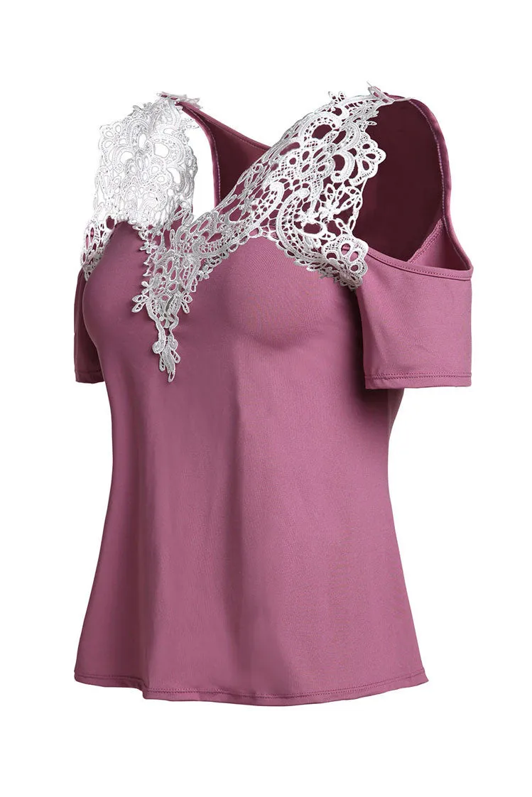 Dew Shoulder Stitching Embroidery Lace T-shirt