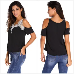 Dew Shoulder Stitching Embroidery Lace T-shirt