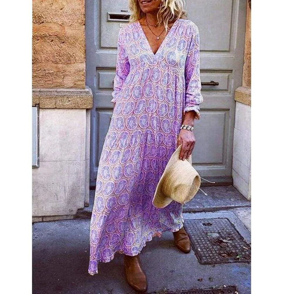 FashionSierra - Fashion Women Boho Deep V Neck Floral Long Maxi Dress