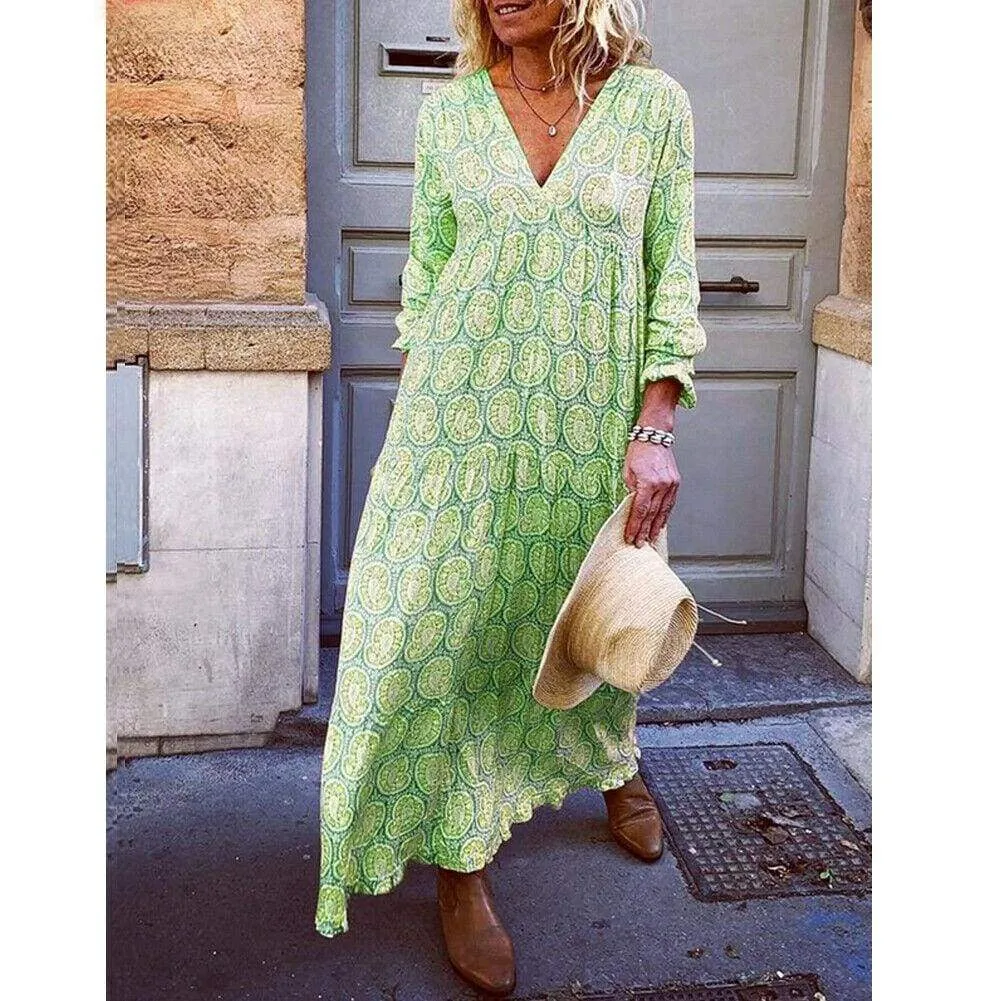 FashionSierra - Fashion Women Boho Deep V Neck Floral Long Maxi Dress