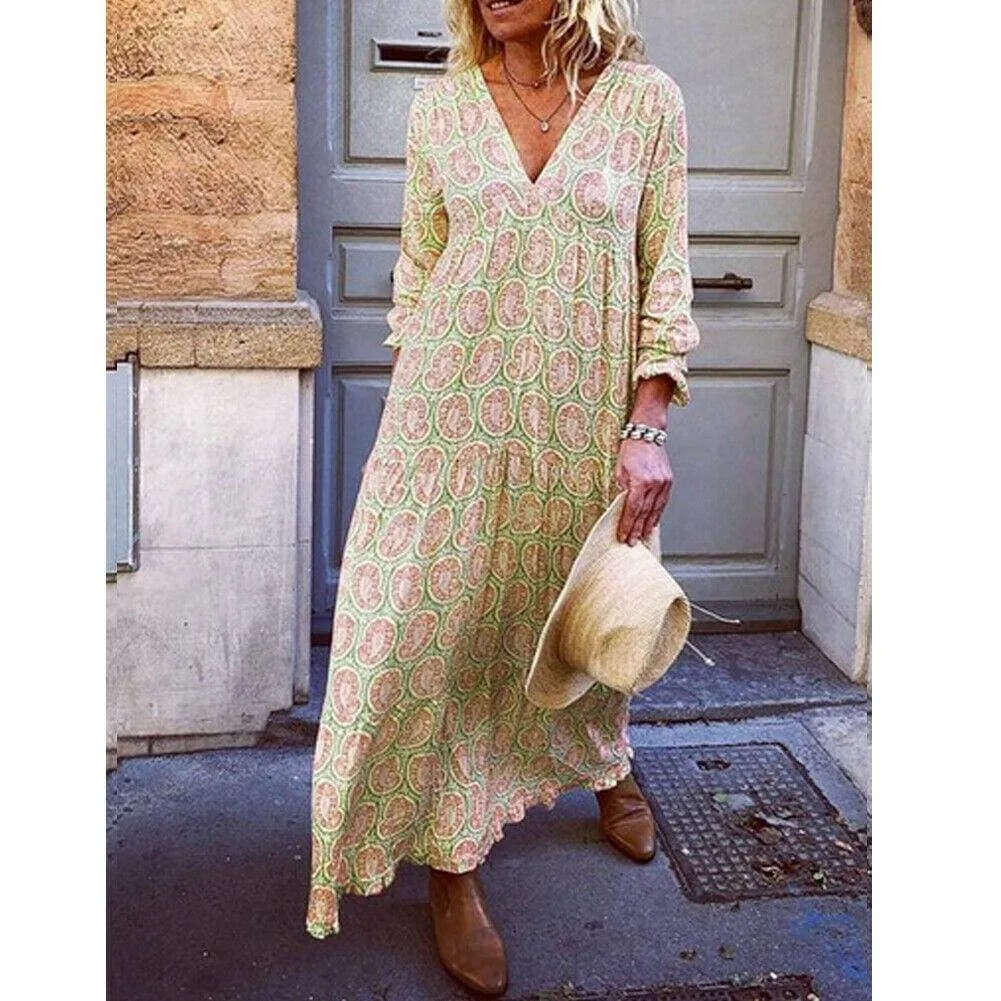 FashionSierra - Fashion Women Boho Deep V Neck Floral Long Maxi Dress