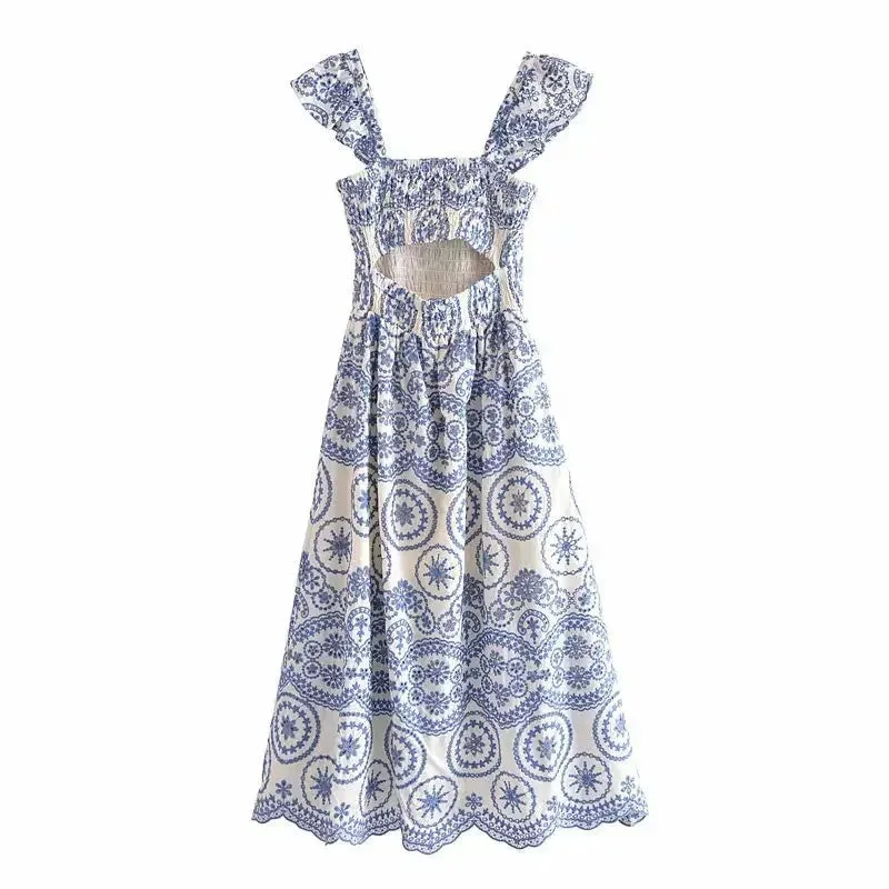 FashionSierra-Hollow Floral Embroidery  Sleeveless Strap  Long  For Women  Vintage  2024  Summer  Vestidos  Party  Ladies  Boho Dress