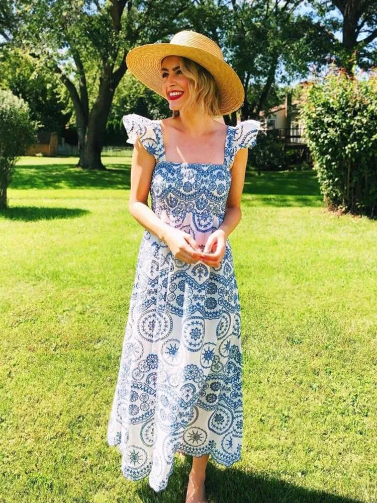 FashionSierra-Hollow Floral Embroidery  Sleeveless Strap  Long  For Women  Vintage  2024  Summer  Vestidos  Party  Ladies  Boho Dress