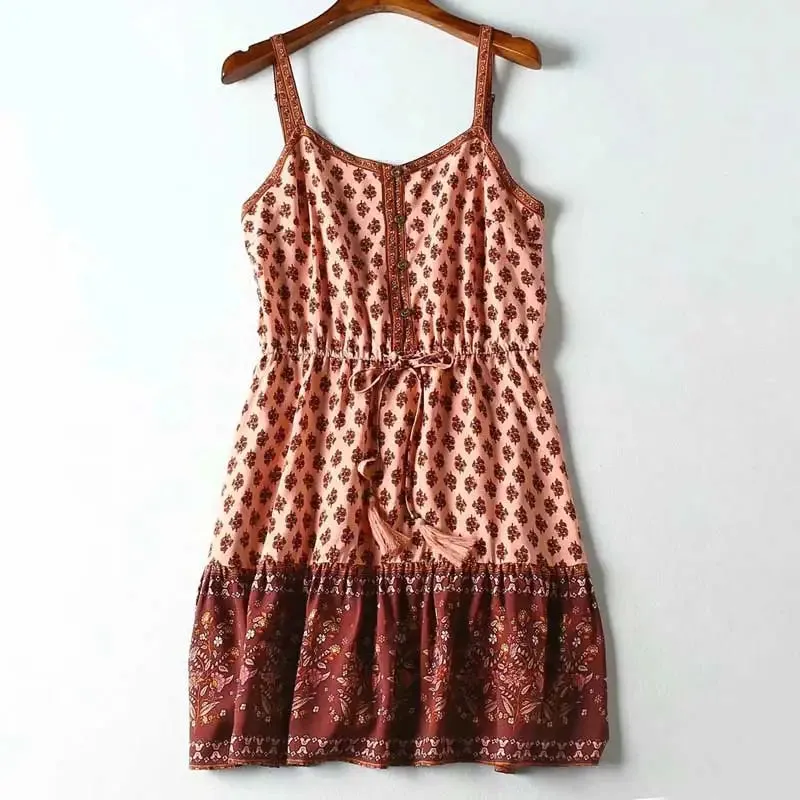 FashionSierra-Red Floral Print  Mini  Women  Cotton Rayon  Straps  Summer  Vestidos  Beach  Drawstring Waist  Casual  Boho Boho Dress