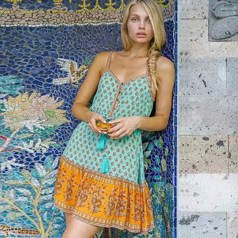 FashionSierra-Red Floral Print  Mini  Women  Cotton Rayon  Straps  Summer  Vestidos  Beach  Drawstring Waist  Casual  Boho Boho Dress