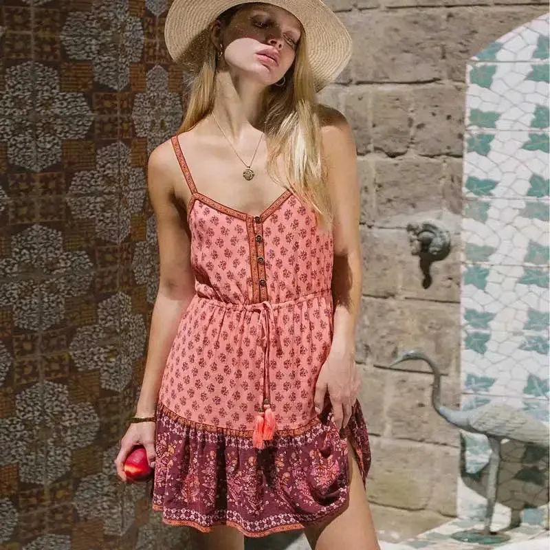 FashionSierra-Red Floral Print  Mini  Women  Cotton Rayon  Straps  Summer  Vestidos  Beach  Drawstring Waist  Casual  Boho Boho Dress