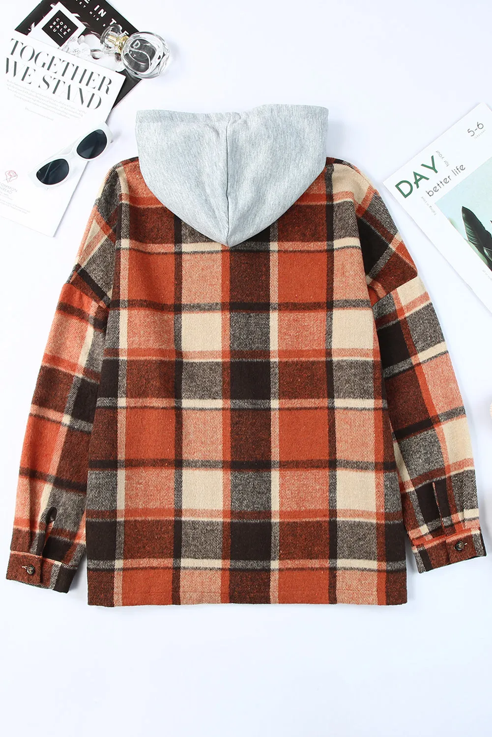 Hooded Plaid Button Front Shacket