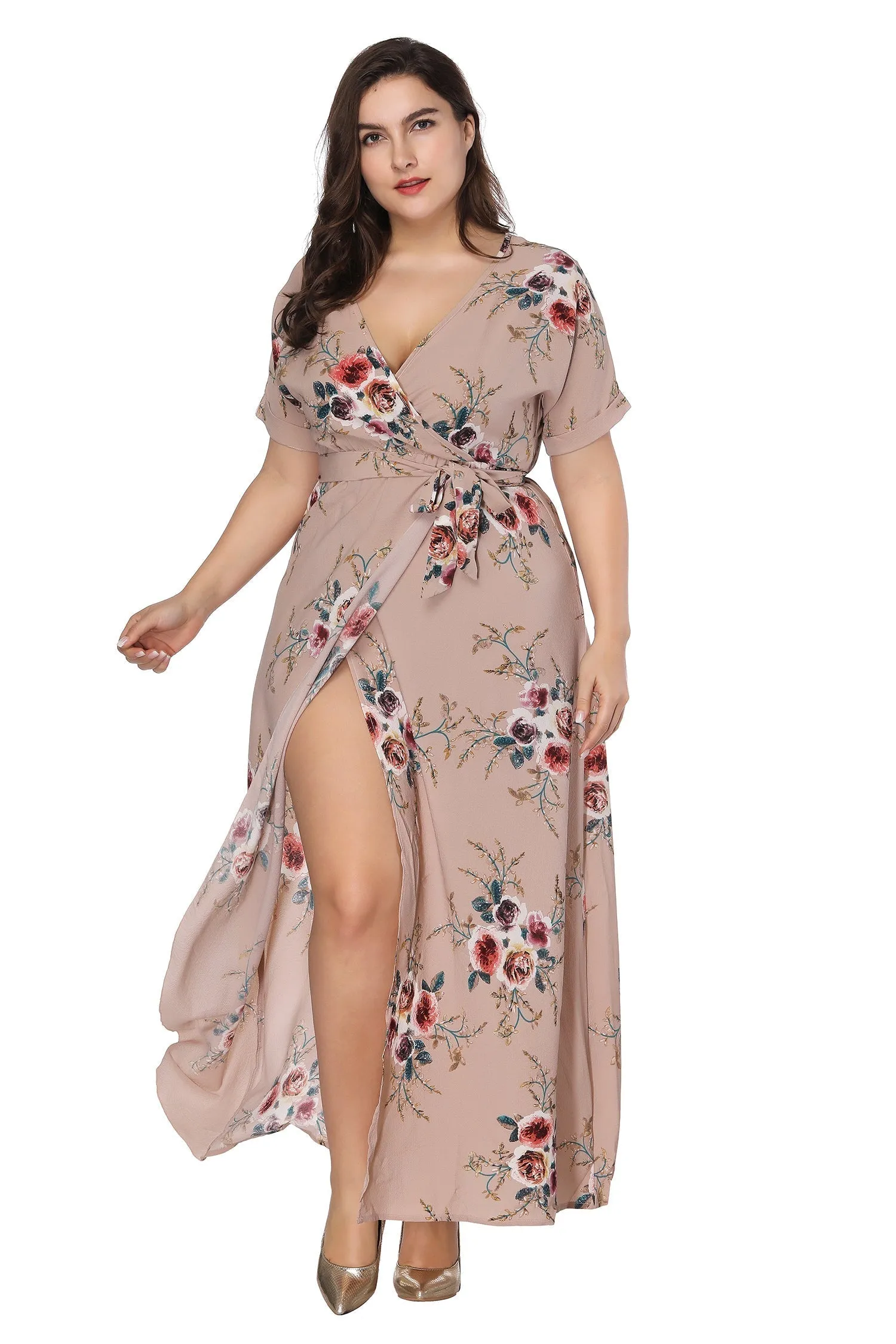 KittenAlarm - Summer large size print dress Bohemian V-neck beach long dress Plus size