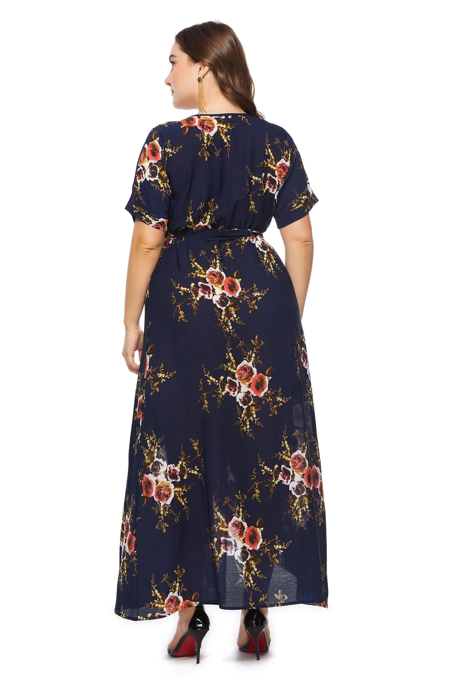 KittenAlarm - Summer large size print dress Bohemian V-neck beach long dress Plus size