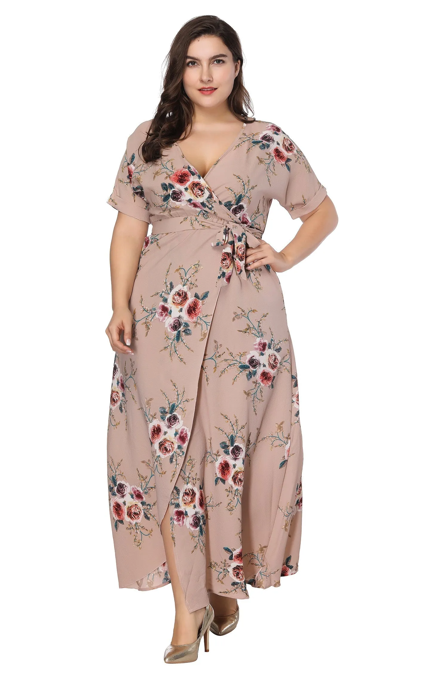 KittenAlarm - Summer large size print dress Bohemian V-neck beach long dress Plus size