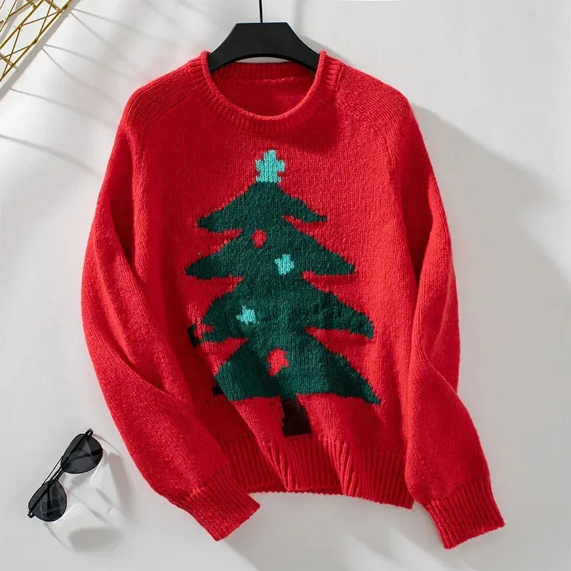 Knitted Christmas Tree Pattern Oversized Sweater - Autumn Winter Collection