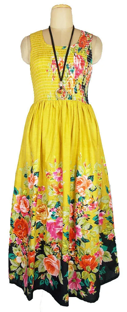 Mustard yellow 100% cotton sleeveless long dress with magic stretchable chest UK size 10-14