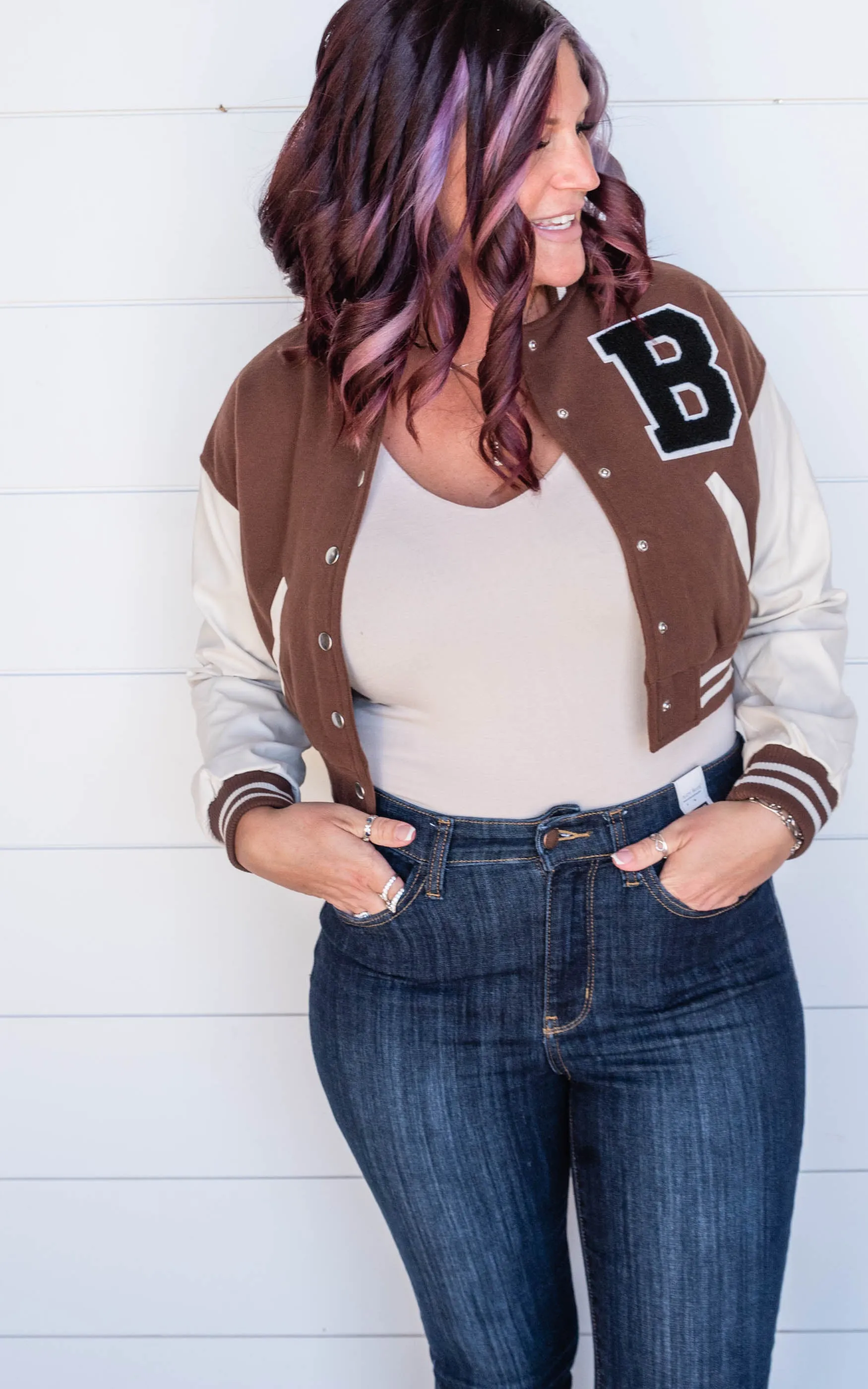 Patched Contrast PU Sleeve Baseball Jacket - Final Sale