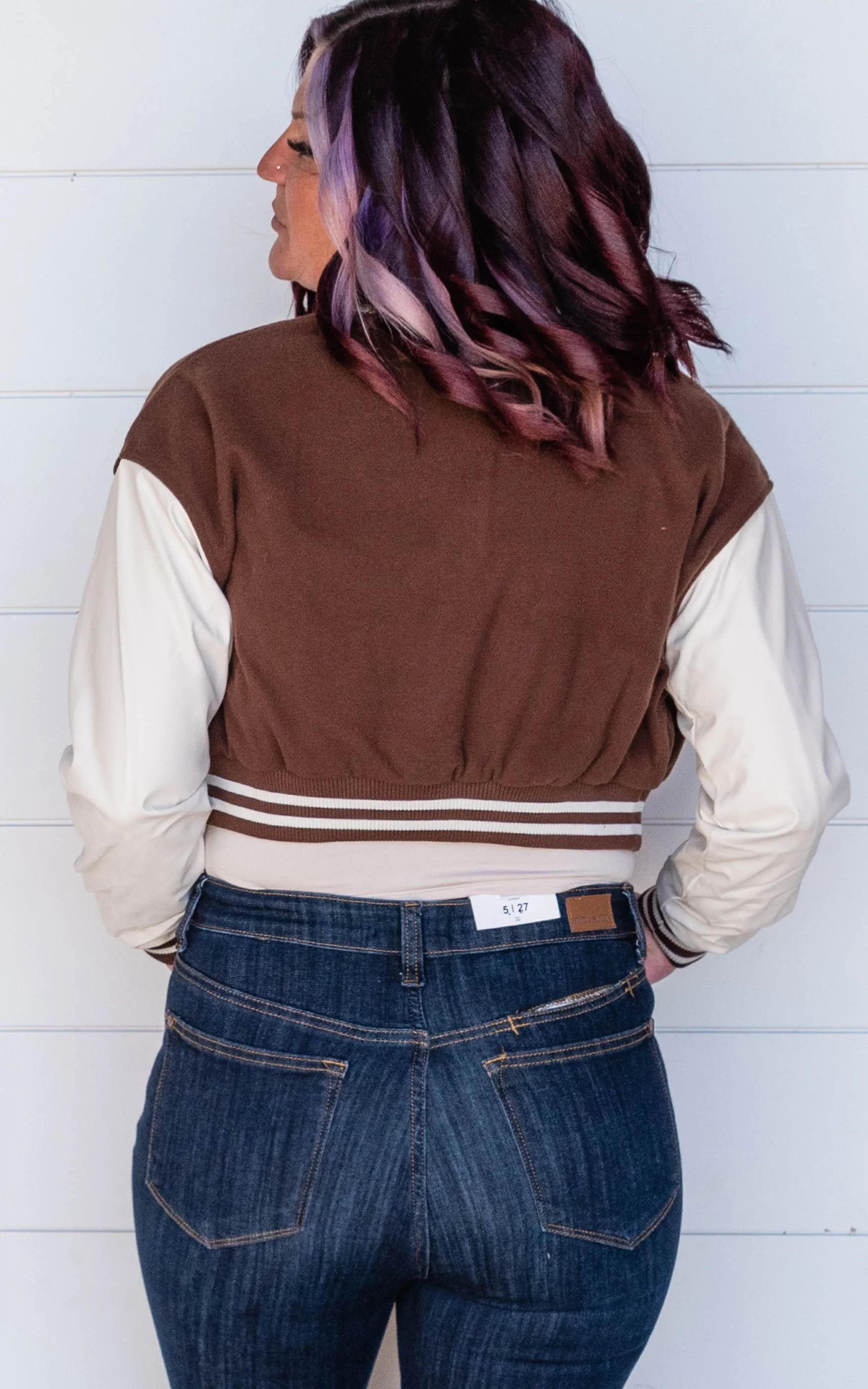 Patched Contrast PU Sleeve Baseball Jacket - Final Sale