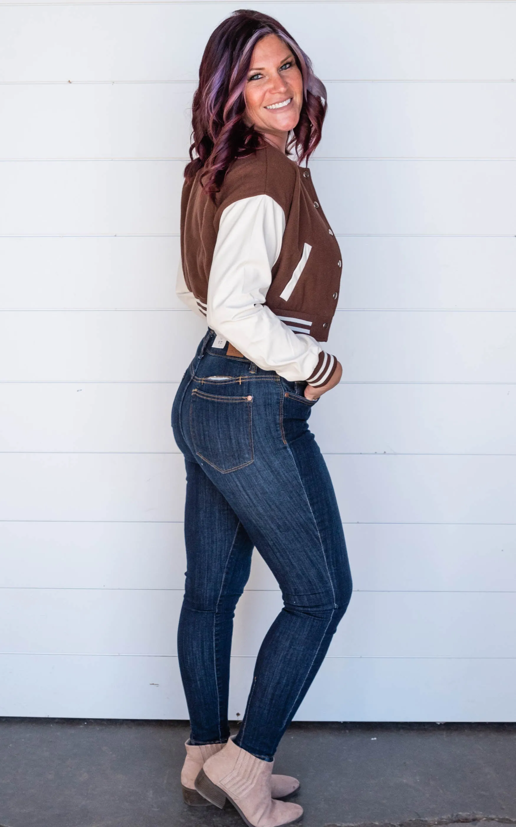 Patched Contrast PU Sleeve Baseball Jacket - Final Sale