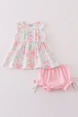 Pink Pastel Meadow print girl bloomer set