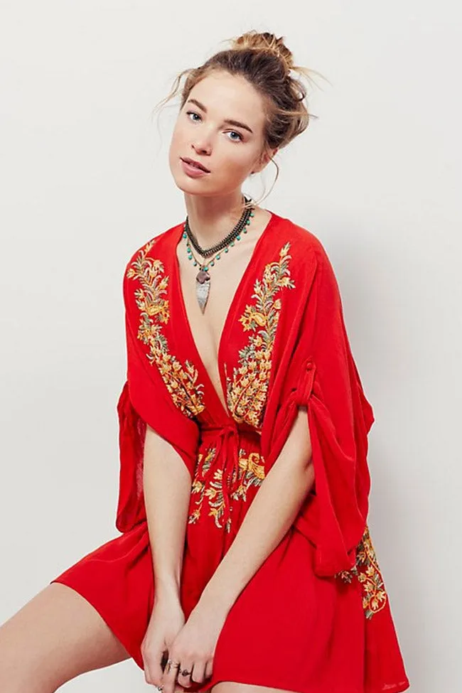 Retro Embroidered Deep V Sleeved Boho Style Mini Dress - Red