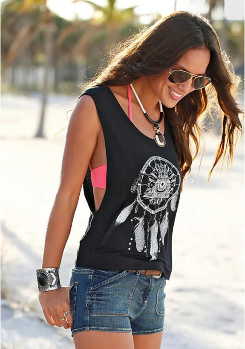 Scoop Sleeveless Flower Print Casual Loose Vest