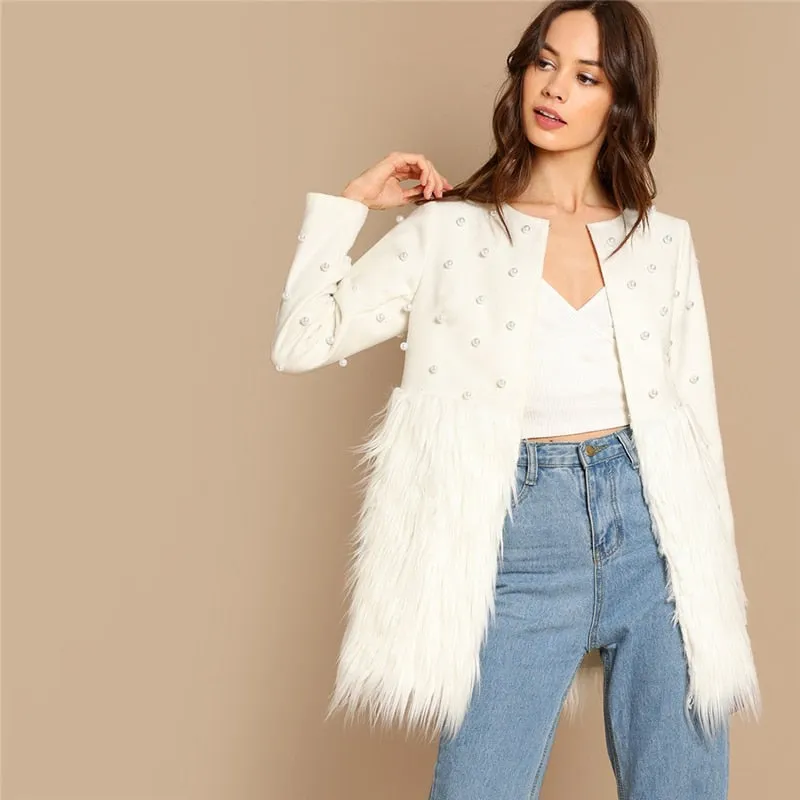 SHEIN Office Lady Solid Pearl Embellished Faux Fur Round Neck Jacket Autumn Workwear Casual Women Coat And Outerwear