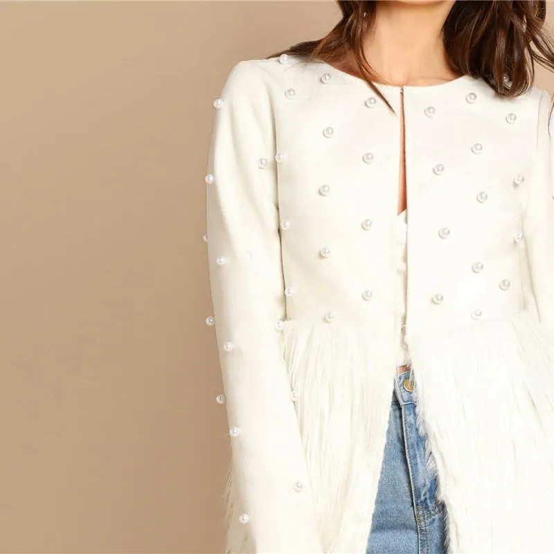 SHEIN Office Lady Solid Pearl Embellished Faux Fur Round Neck Jacket Autumn Workwear Casual Women Coat And Outerwear