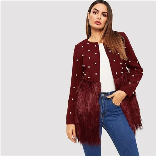 SHEIN Office Lady Solid Pearl Embellished Faux Fur Round Neck Jacket Autumn Workwear Casual Women Coat And Outerwear