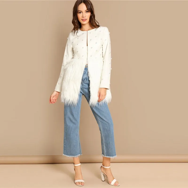 SHEIN Office Lady Solid Pearl Embellished Faux Fur Round Neck Jacket Autumn Workwear Casual Women Coat And Outerwear