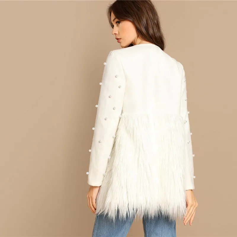SHEIN Office Lady Solid Pearl Embellished Faux Fur Round Neck Jacket Autumn Workwear Casual Women Coat And Outerwear