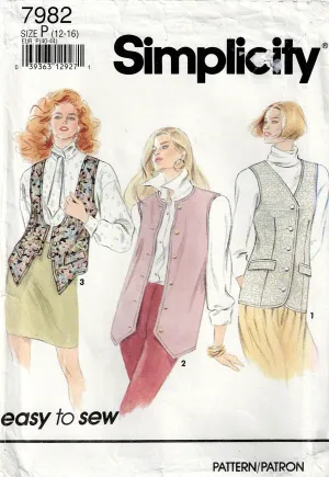 Simplicity 7982 Womens Lined Vests 1990s Vintage Sewing Pattern Size 12 - 16 UNCUT Factory Folded