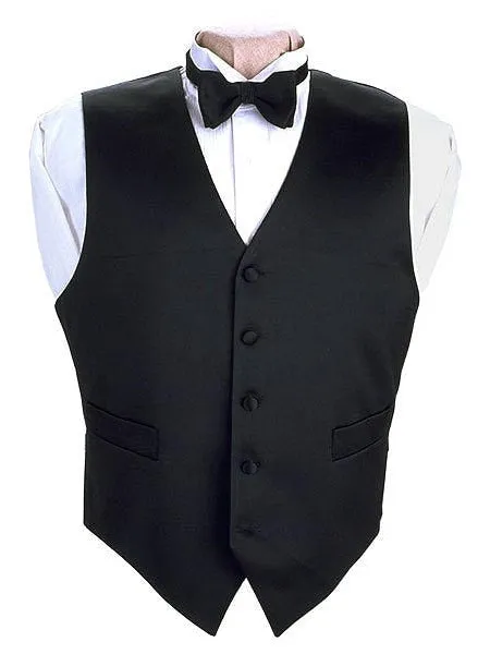 Solid Black Full Back 100% Silk Tuxedo Vest and Tie Set