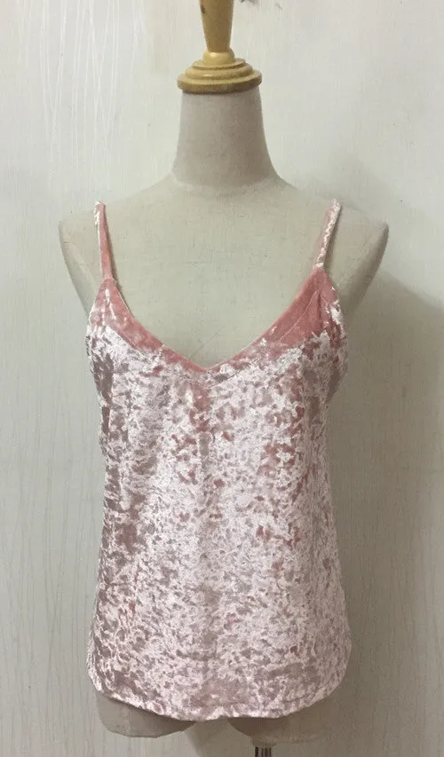 Spaghetti Strap V-neck Velvet Sleeveless Pure Color Vest