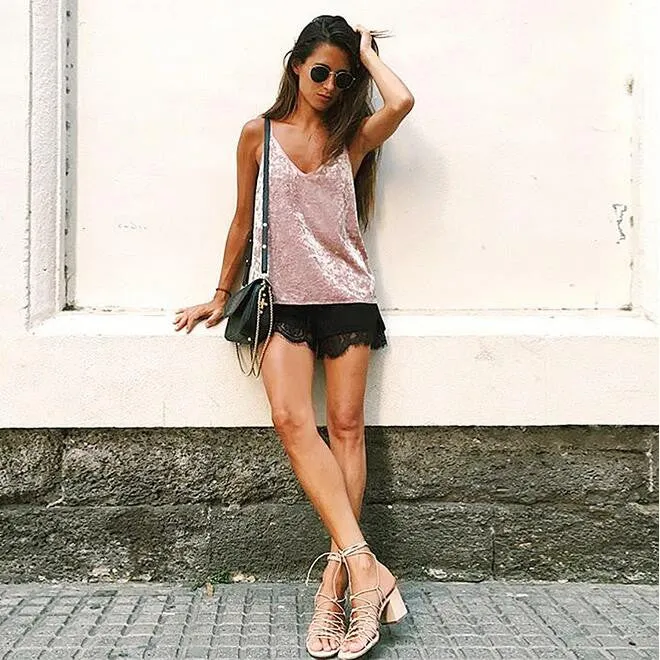 Spaghetti Strap V-neck Velvet Sleeveless Pure Color Vest